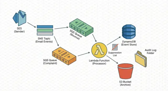 SES bounce and complaint event pipeline for clean lists